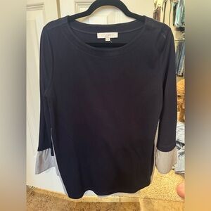 LOFT Navy Blouse with Striped Sleeve & Back Accents